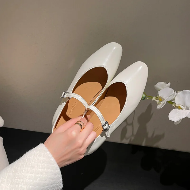 2024 Spring New Women Flat Shoes Fashion Soft Leather Square Toe Shallow Ladies Ballet Shoes Soft Casual Flat Mary Jane Shoes