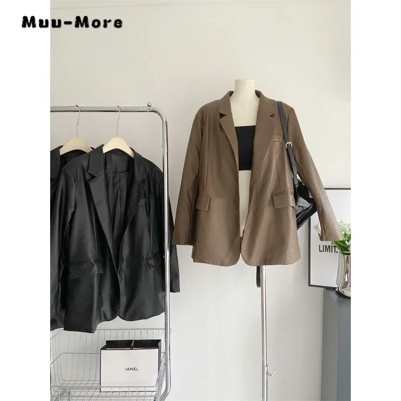 Blazers rétro en cuir à manches longues pour femmes, manteau sur mesure, vintage, décontracté, bureau, dame, document solide, col cranté, hiver, 2023