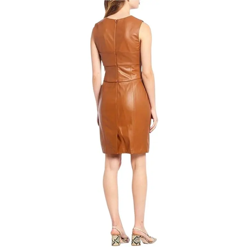 Real Leather Dress Women Tan Round Neck Sleeveless Fit Dress Summer Fashion Party Dress Genuine Lambskin Leather Dress