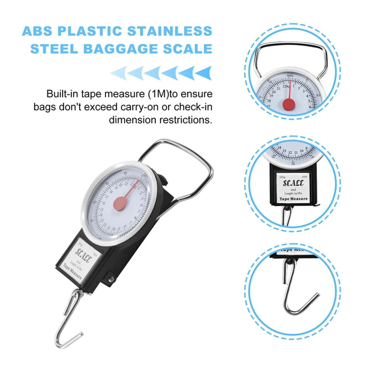 Portable Luggage Travel Scale Hanging Suitcase Hook 22kg 50lb Measuring Tape