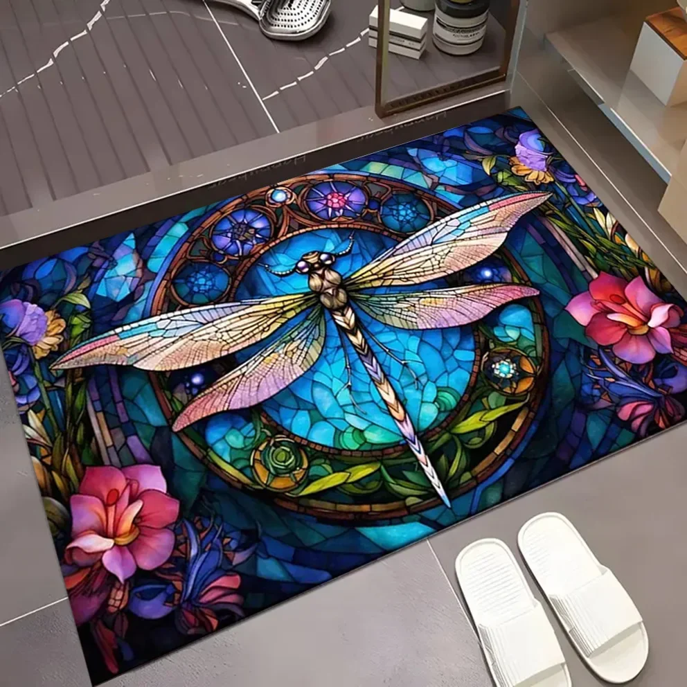 Retro Art Colorful Dragonfly Carpet Visual 3D Flower Pattern Entrance Entrance Foot Mat Living Room Bedroom Kitchen Decoration