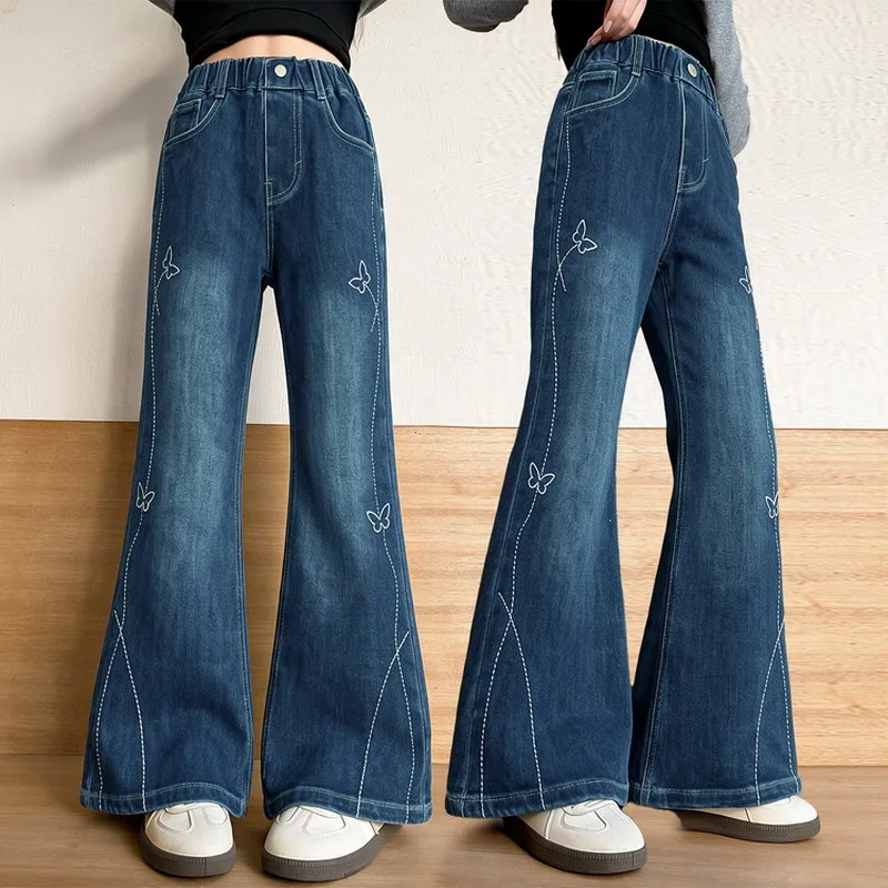 New Autumn Girls Flare Jeans with Butterfly Embroidery Kids Streetwear Slim Bootcut Denim Pants Children Bell-bottoms Trousers