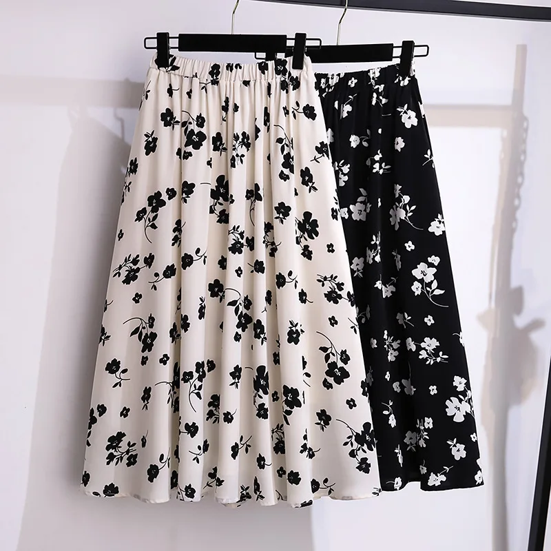 175Kg Plus Size Women\'s Summer Loose Floral Chiffon A-Line Skirt Hip 175 Apricot Black 5XL 6XL 7XL 8XL 9XL 10XL