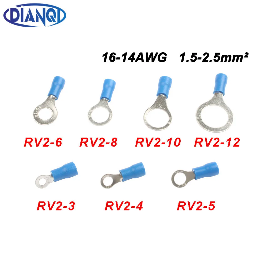 10-100 sztuk/zestaw RV2 izolowane niebieskie zaciski pierścieniowe przewód kabel elektryczne złącza zaciskane 16-14 AWG zestaw M3/M4/M5/M6/M8