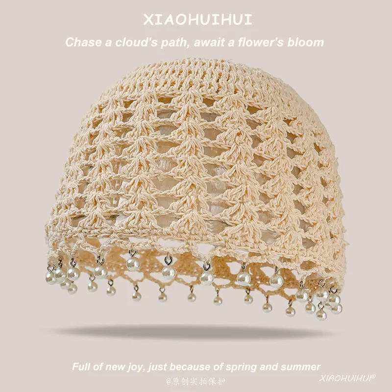 

Женская летняя дышащая вязаная шапка-бини в этническом стиле ручной работы с жемчужными кисточками, модная вязаная крючком шапка-бини