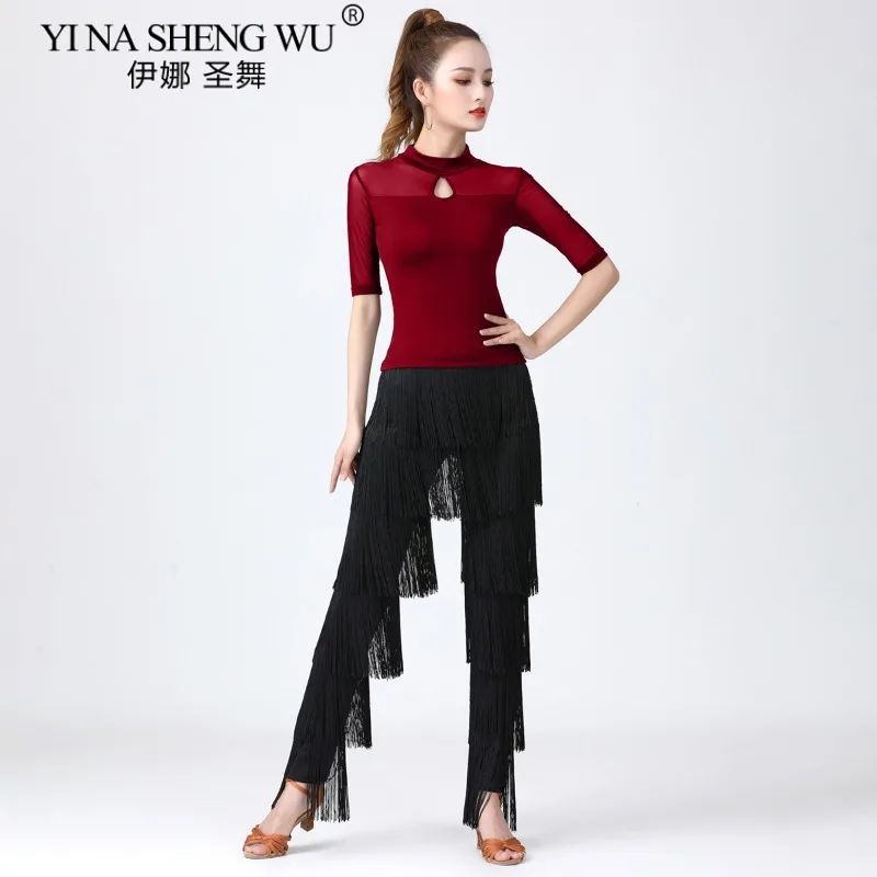 Women Latin Dance Tops Adult Ballroom Dancing Classical Dance Practice T-shirt Costume Cha-Cha Samba Modern Dance High Neck Top