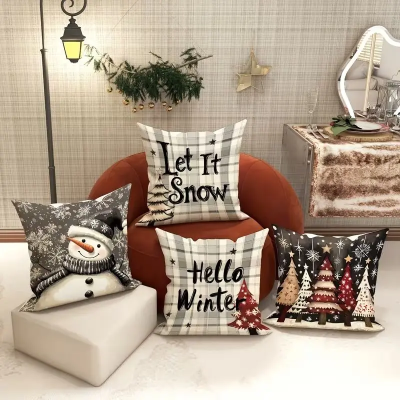 VIKAMA Christmas Pillowcase, Snowman and Christmas Tree with “Hello Winter, Let It Snow” Print, Sofa Holiday Home Decor
