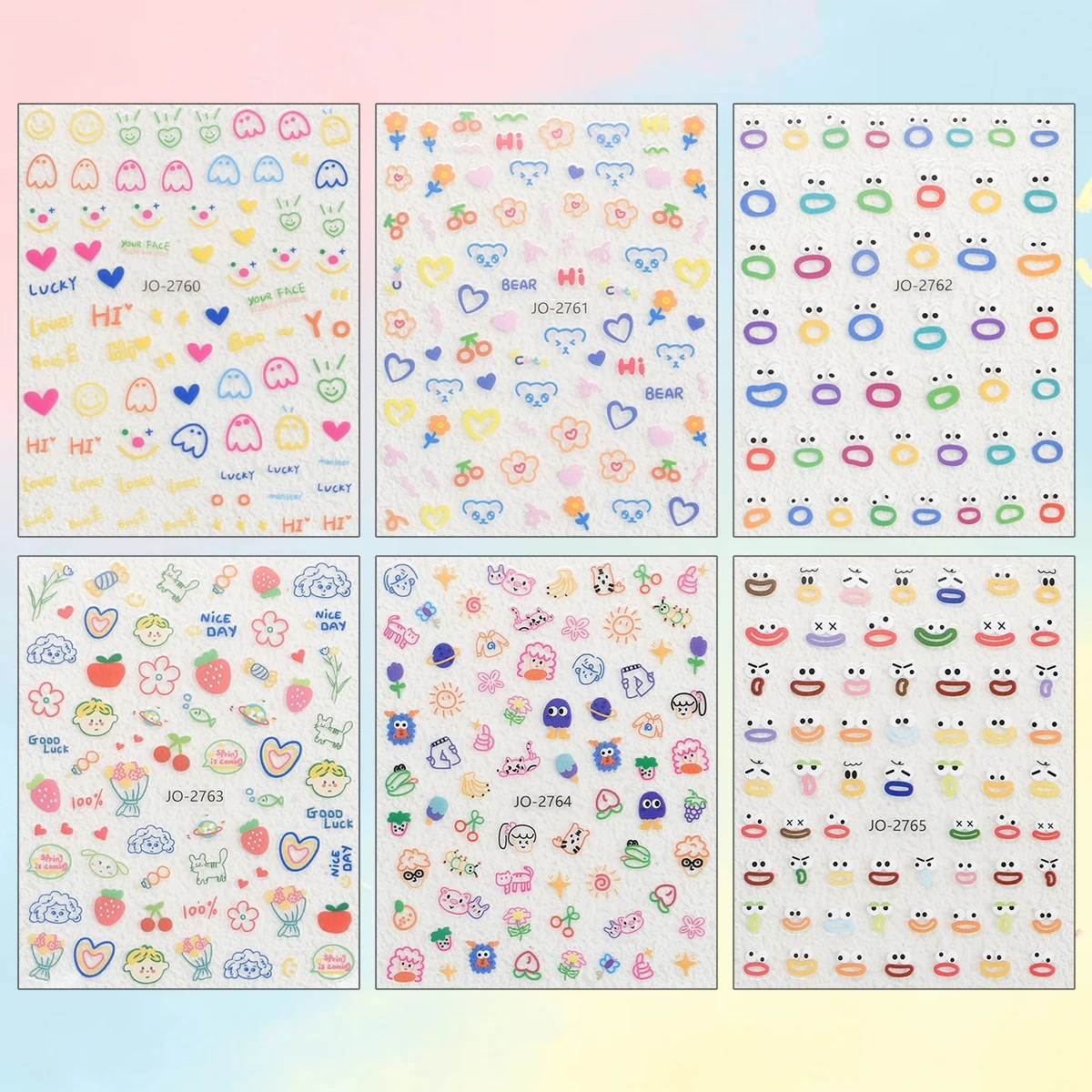 3/6/12 Sheets 3D Cute Kawaii Cartoon Nail Decals Colorful Face Bear Flower Fruit Self-Adhesive DIY Manicure Nail Stickers