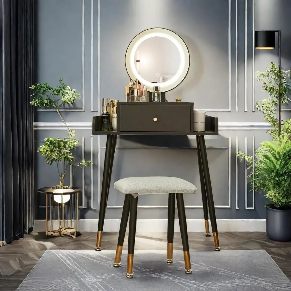 penteadeira de maquiagem iluminada com luzes ajustáveis de 3 cores e tomada de energia integrada