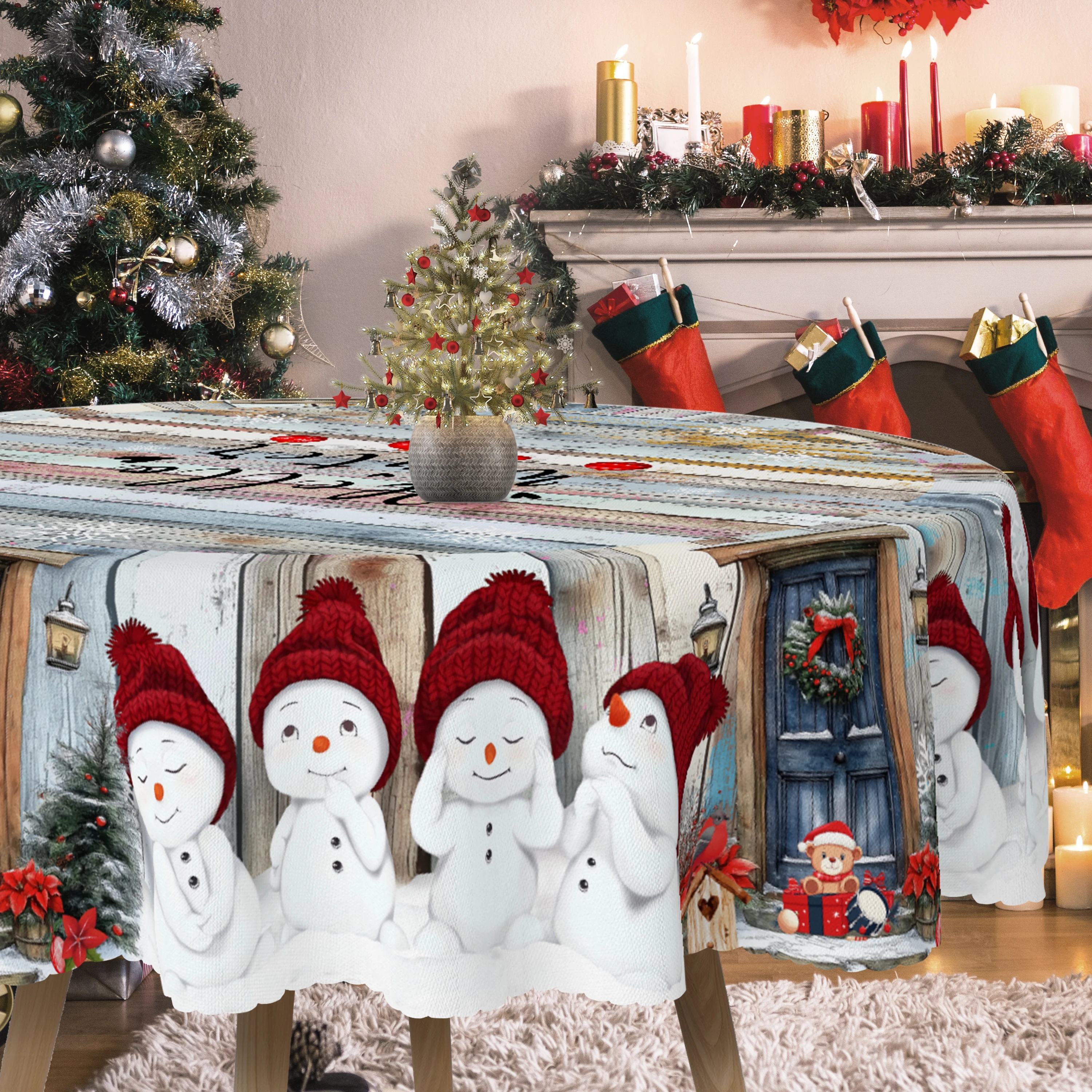Winter-Themed Cute Snowman Tablecloth, Classic Retro Wooden Board Style, Featuring Four Adorable Snowmen with Different Expressions and a Bear Print Pattern, with the Text 