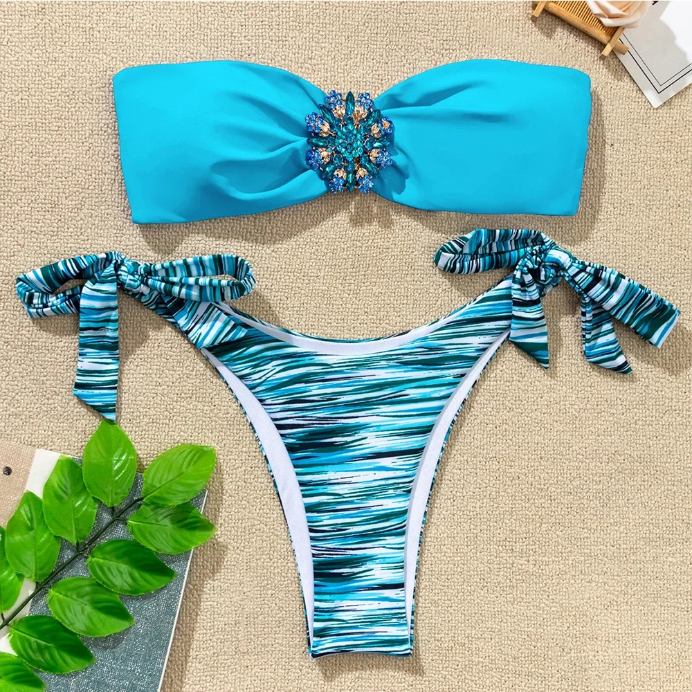 Strass Bloem Accessoires Badpak Vrouwen 2023 2 Stuk Mini Bikini Sexy Strapless Backless Badpak Zomer Strand Badmode