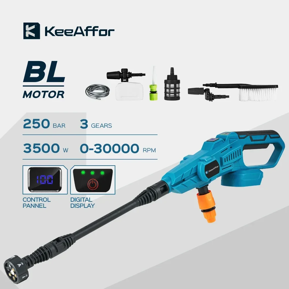 KEEAFFOR 3500W 250Bar Brushless Car Washer Gun High Pressure 6-in-1 Rechargeable Cordless Car Washing Gun for Makita 18V Battery