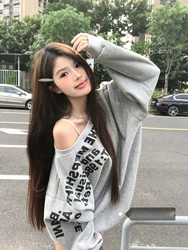 Grey Hooded Women Clothing Vintage Street Sweatshirt Hiphop Y2K Letter Printing Pullover Long Sleeves Warm Oversize Ladies Tops