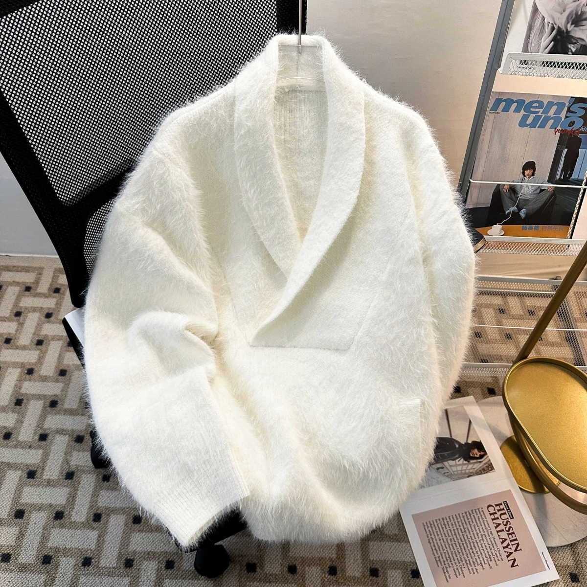 

Мужской вязаный свитер свободного кроя с V-образным вырезом, осенний повседневный модный драпированный трикотаж в американском стиле, из полиэфирного волокна, с длинными рукавами