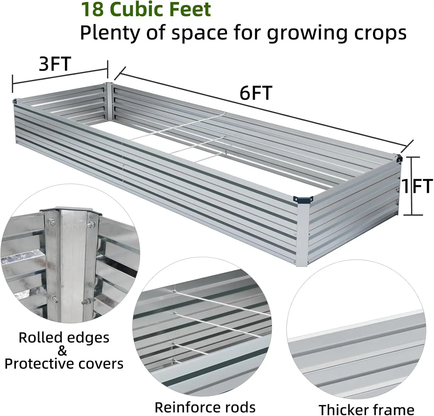 Raised Garden Bed & Planter Box, Galvanized Metal,2 Pack 6x3x1FT Silver