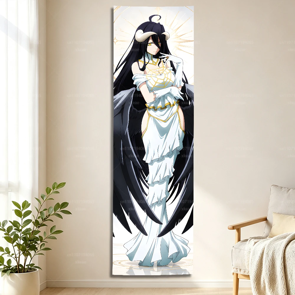Long Vertical Overlord Albedo Anime Wall Tapestry, Elegant Demon Girl with Black Wings Narrow Wall Banner, Gothic White Dress