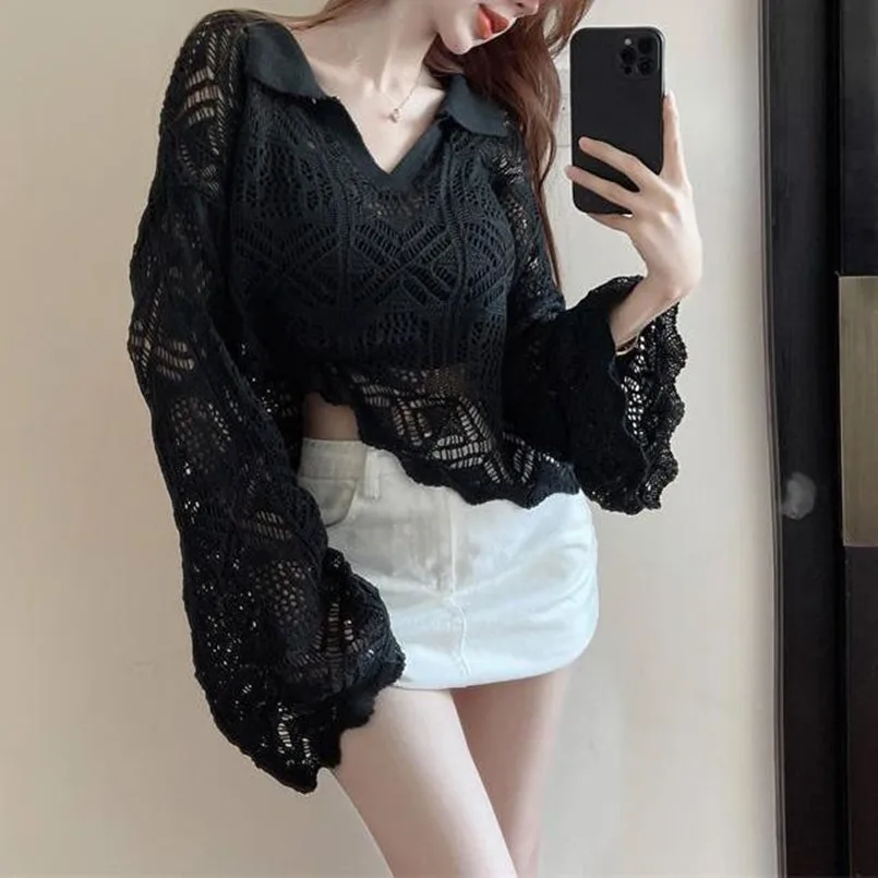 Short Sun Protection Clothing Knitted Sweater for Women's Summer Thin Cut Hollow Ice Silk Versatile Top Bohemian Style Cover Up