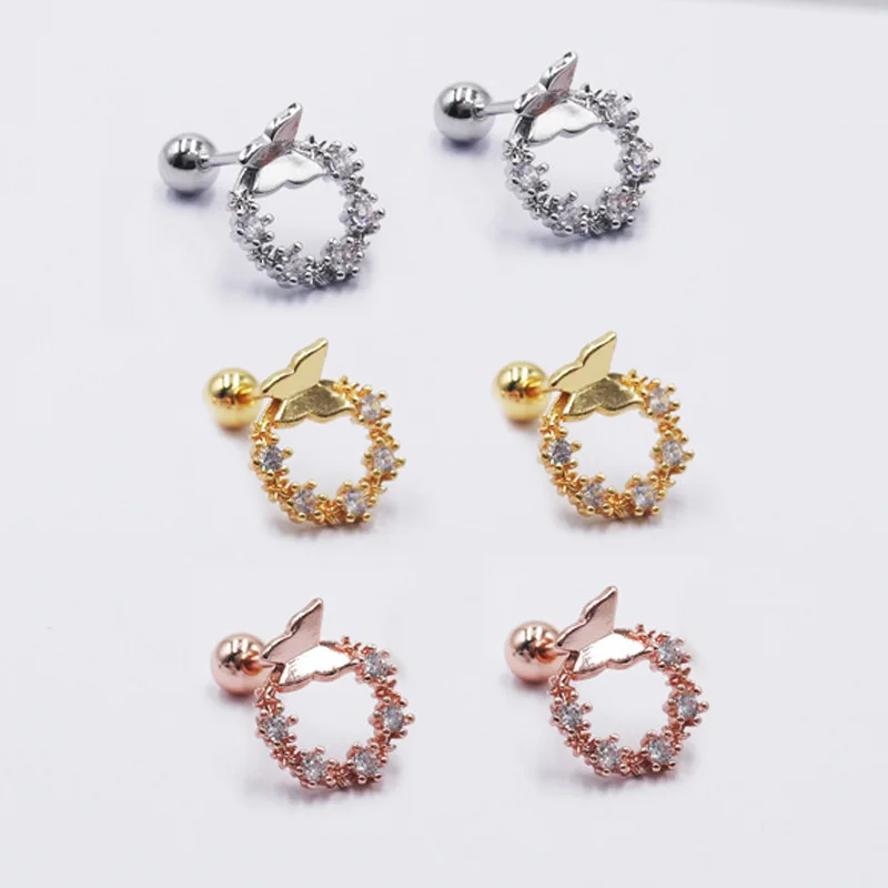 Leuke Koperen Zirkoon Cirkel Vlinder Stud Oorbel Vrouwen Goud Kleur Staal Helix Bar Oorkraakbeen Piercing Manchet Sieraden Groothandel