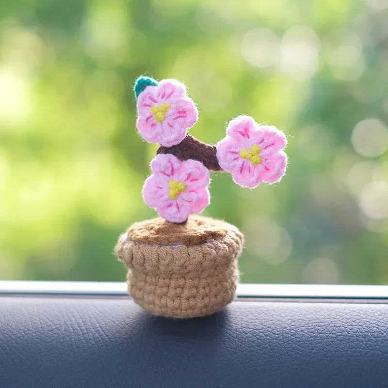 수제 뜨게 DIY 미니 화분 자동차 센터 콘솔, 크로 셰 뜨개질 양모 해바라기 장식 장식품, 인테리어 액세서리, 1PC