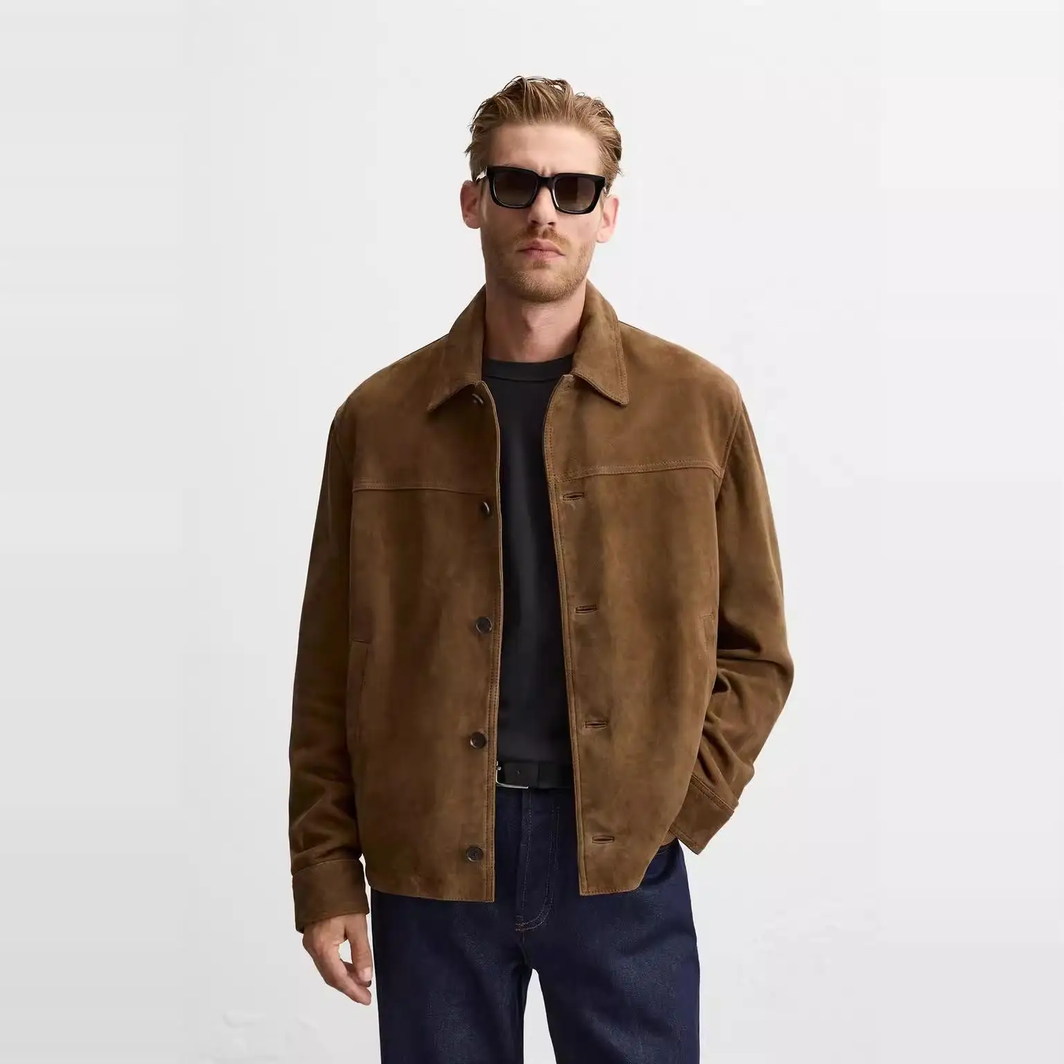 

Autumn New Men's Faux Leather Jaet Velvet Texture Long Sve Turn-down Collar Biker Coat Youth Faion Polyester Fabric