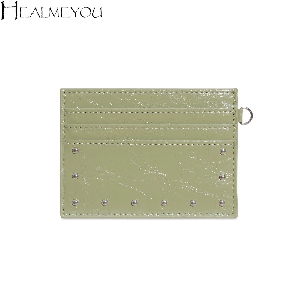 Elegant Ultra Thin Cracked Leather Card Wallet Mini Size Multiple Slots Rivet Card Holder Solid Color PU Coin Purse Business