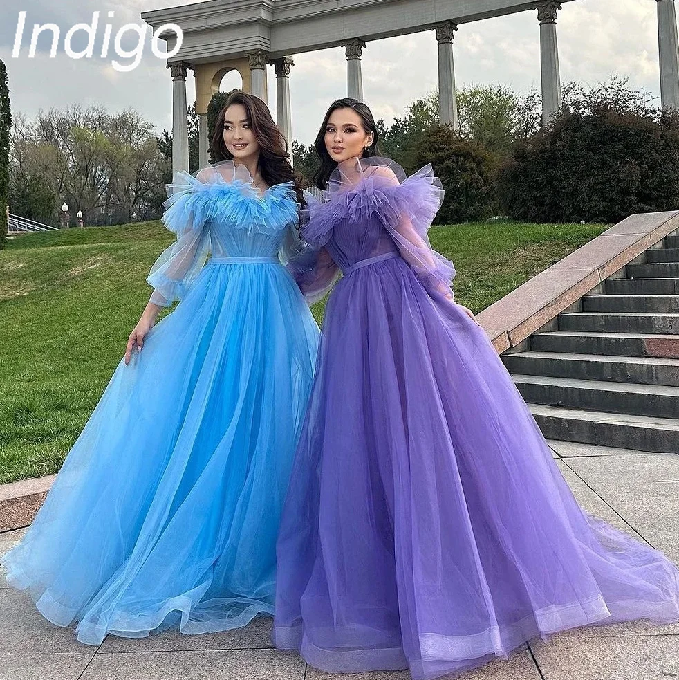 Indigo-Mulheres Off-Shoulder Tule até o chão Prom Dresses, A Line, Vestido para ocasiões formais, Vestido de noite, 2022