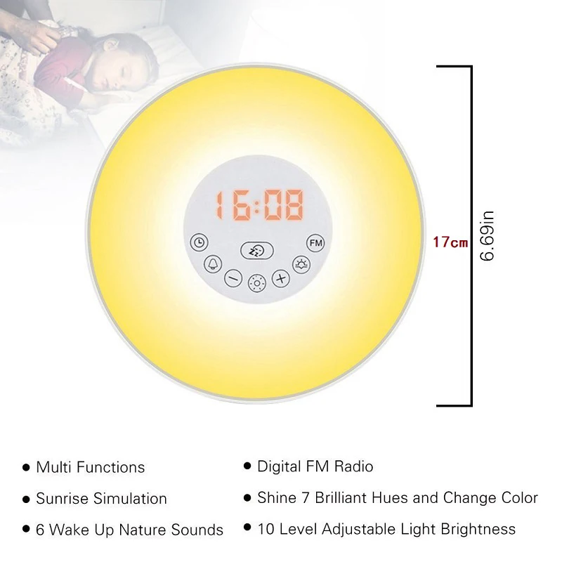 Wake Up Light Alarm Clock Sunrise/Sunset Simulation Luminous Digital Clock with FM Radio Night Light Touch Control Table Clocks