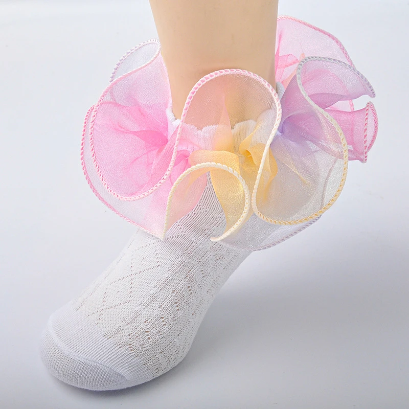 Baby Girls Ruffle Socks Soft Frilly Socks Color Gradient Print Turn Cuff Socks Toddler Crew Socks