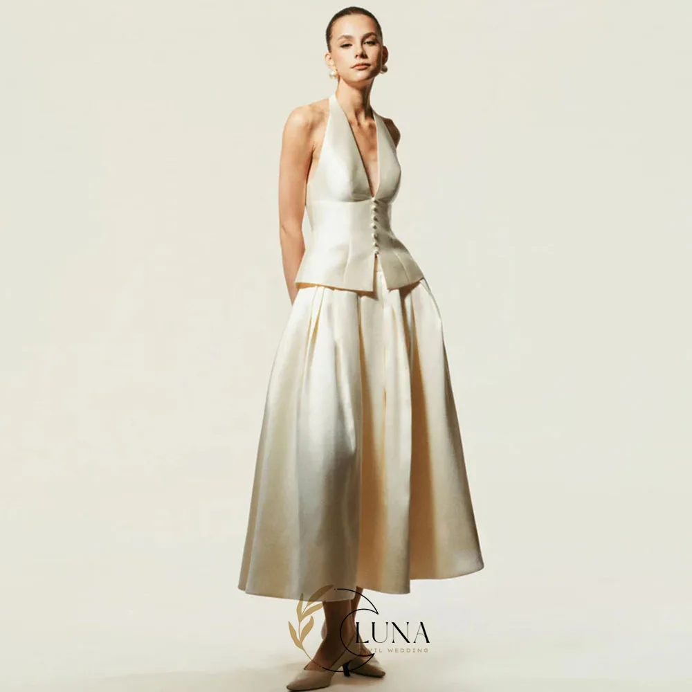 Luna Maßgeschneidertes Mid-Calf V-Ausschnitt Hochzeitskleid A-Linie Satin Plissiertes Abendkleid für Damen Braut Hochzeits-Ballkleid