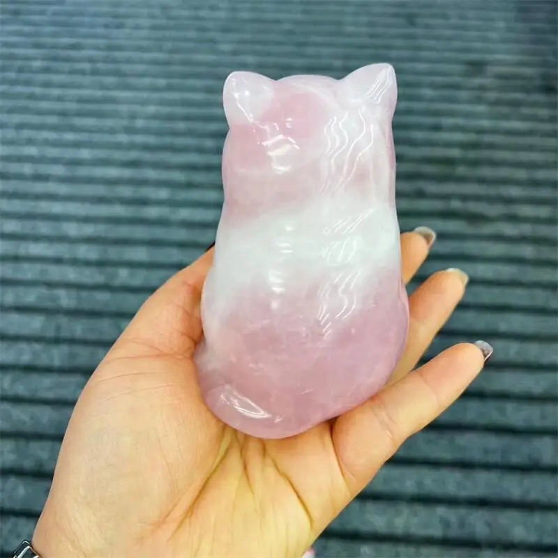 10CM Natural Rose Quartz Cartoon Cat Crystal Animal Carving Crafts Healing Energy Stone Cute Home Ornaments Children Gift 1PCS