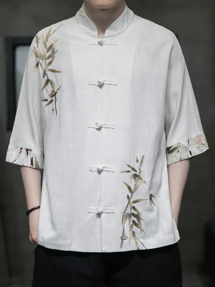 

Новая мужская летняя рубашка из хлопка и льна с вышивкой, на пуговицах, в китайском стиле Ханьфу, свободного кроя, молодежная