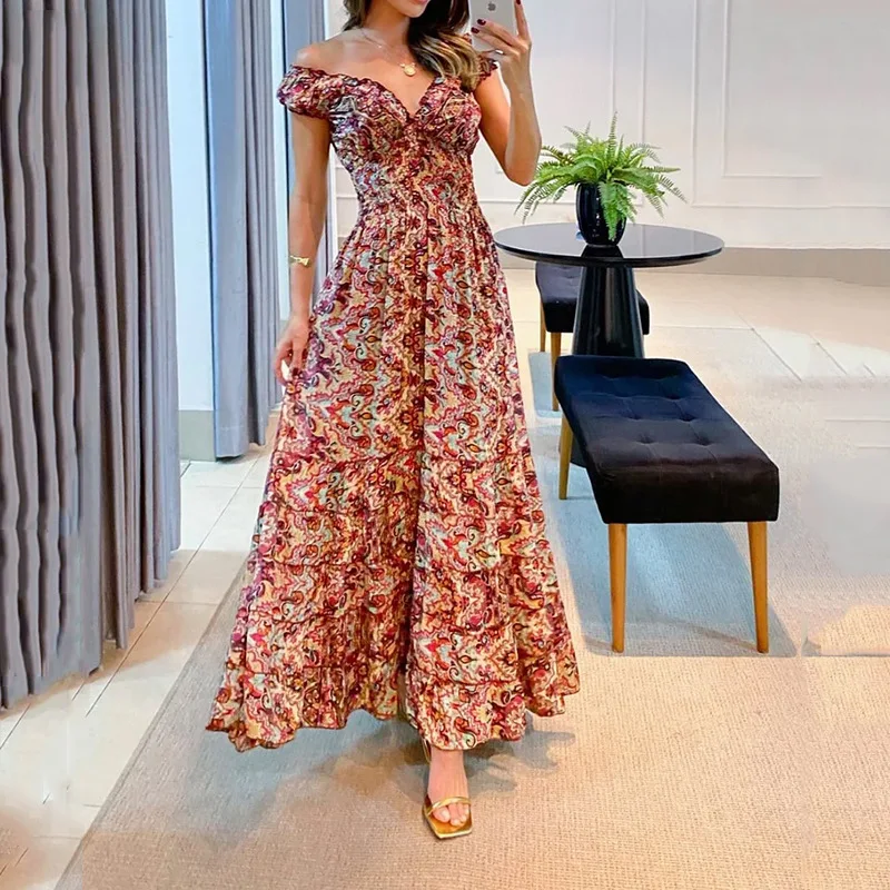 

Summer New Floral Print Fashionable Elegant V-neck Printed Corrugated Dress Qins
