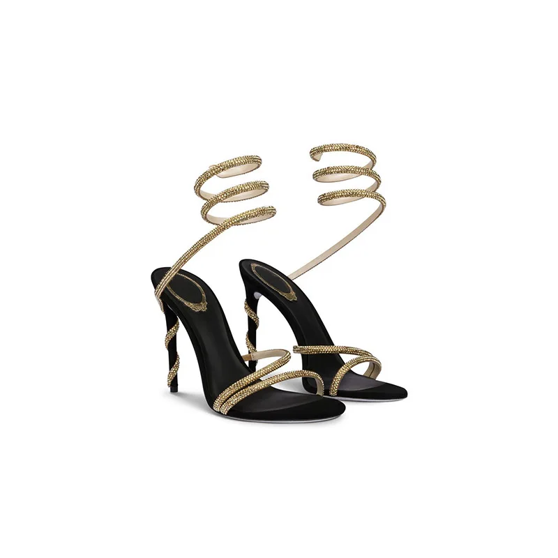 Snake Winding Sandals Summer Fashion New Black Sexy Rhinestone Thin Heel High Heel Women's Sandals