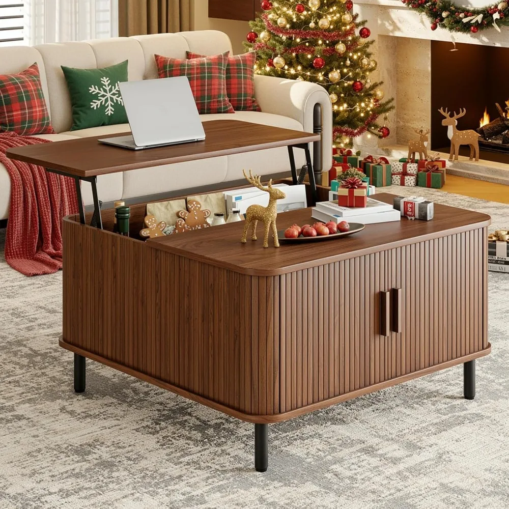 

Lift Top Coffee Table with Large Hidden Compartment, Wood Square Coffee Table with Adjustable Footpads, Mid-Century Mode