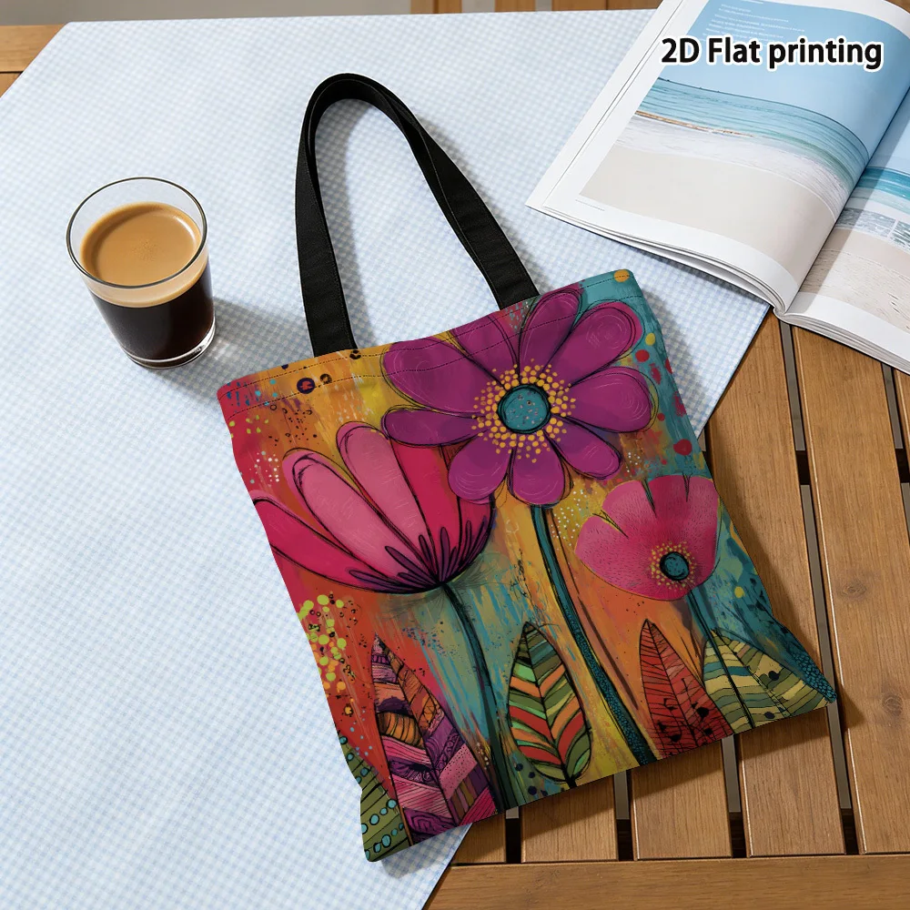 2D Flat Tote Bag Featuring A Vibrant Floral Design.These Reusable Grocery Bags Are Crafted From Sturdy Polyester