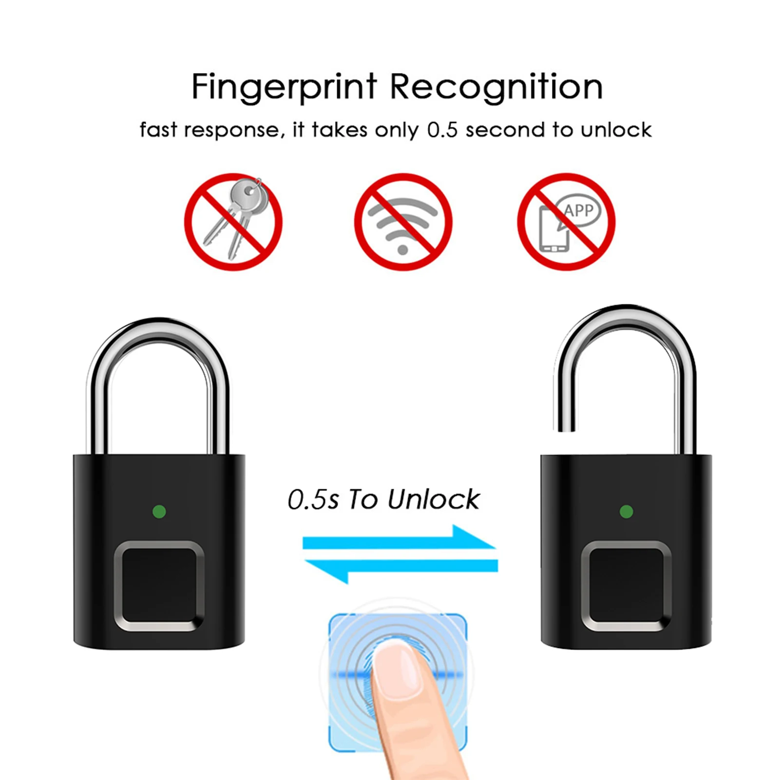 Fingerprint Padlock Biometric Padlock Store 10 Fingerprints 3 LED Indicator Light Security Keyless Mini Smart Lock