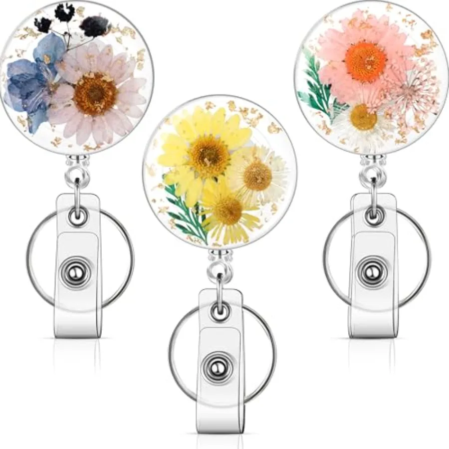 

3 Pcs Badge Reel Convenient Badge Reels Retractable with Key Ring Nurse Badge Holder Dried Floral Resin ID Badge Clip for Teach