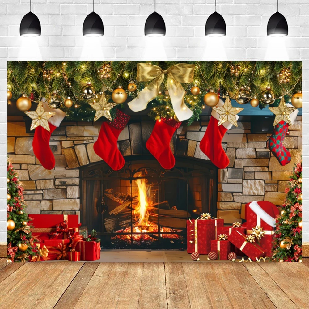 Christmas Fireplace Photography Backdrop Xmas Tree Gifts Sock Winter Window Family Christmas Party Decor Background Photo Studio