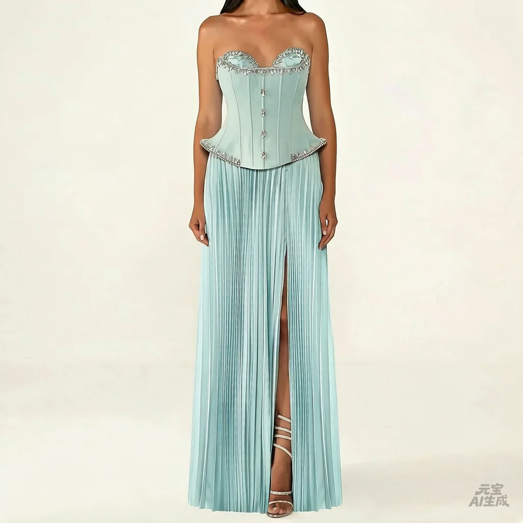 

Women's Strapless Pleats Beaded Split Column Floor Length Evening Dresses With Sleeveless Formal Elegant Dresses 2026