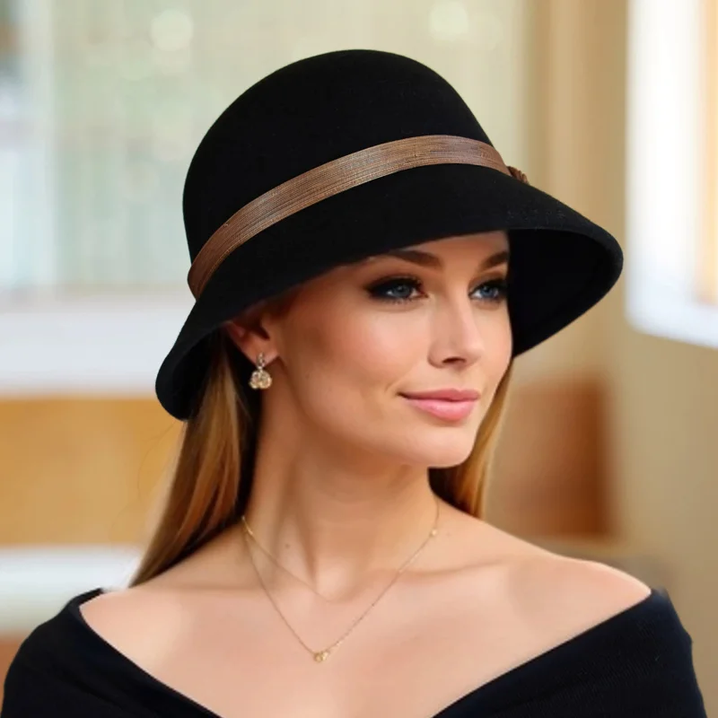 100% Wool Bucket Hat for Women Autumn Winter Lightweight Felt Bowknot Fisherman Cap with Mesh and Ribbon Woman Outfit Accessory