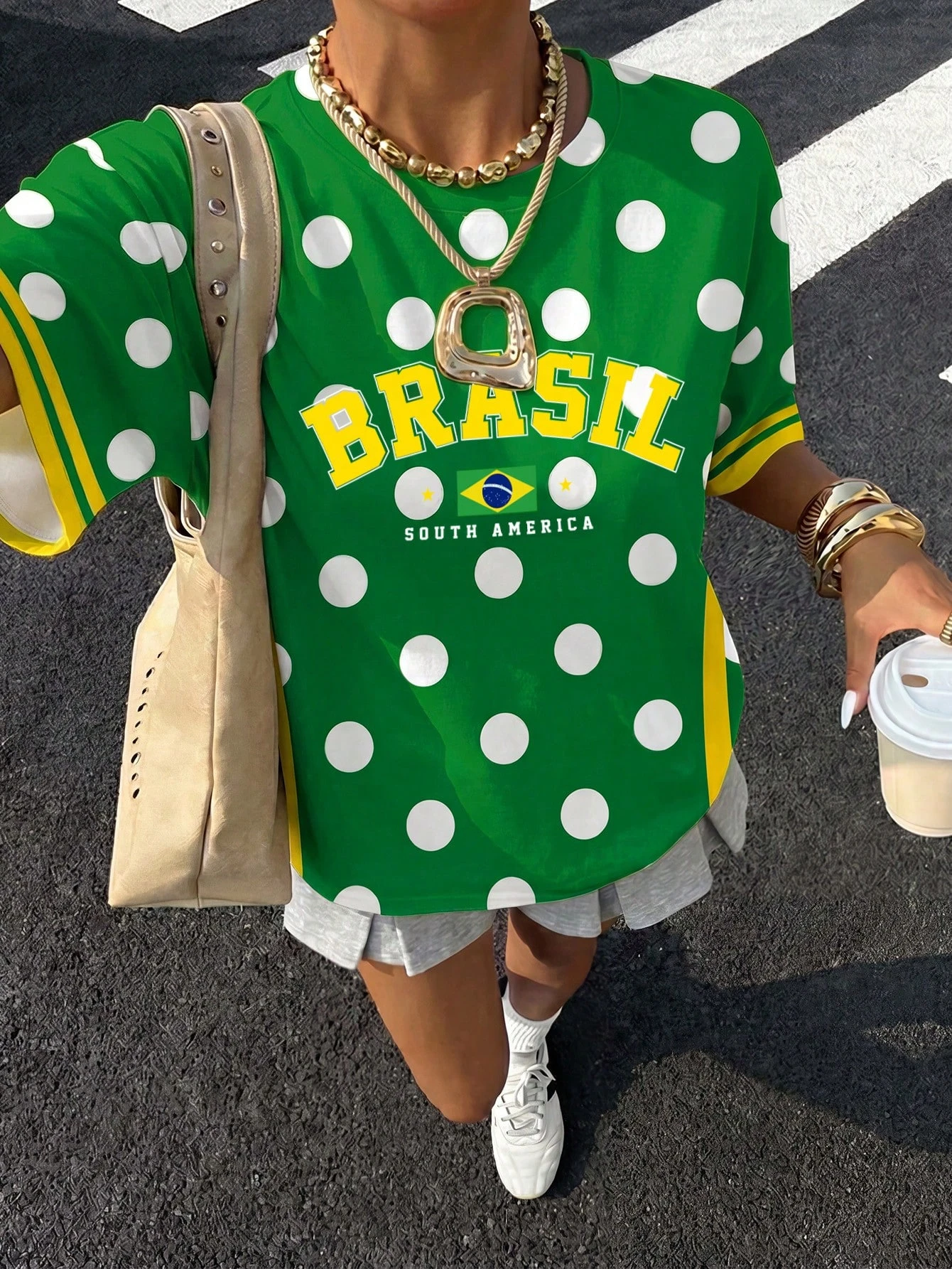 Brazil Style Casual Minimalist Yellow Green Colorblock Polka Dot Round Neck Short Sleeve Loose Fit Women T-Shirt Suitable Summer