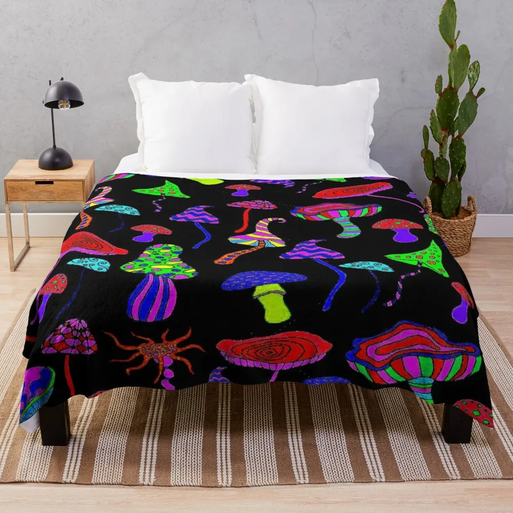 MAGIC MUSHROOMS : Abstract Psychedlic Whimsical Print Throw Blanket Summer Blanket Nap Blanket