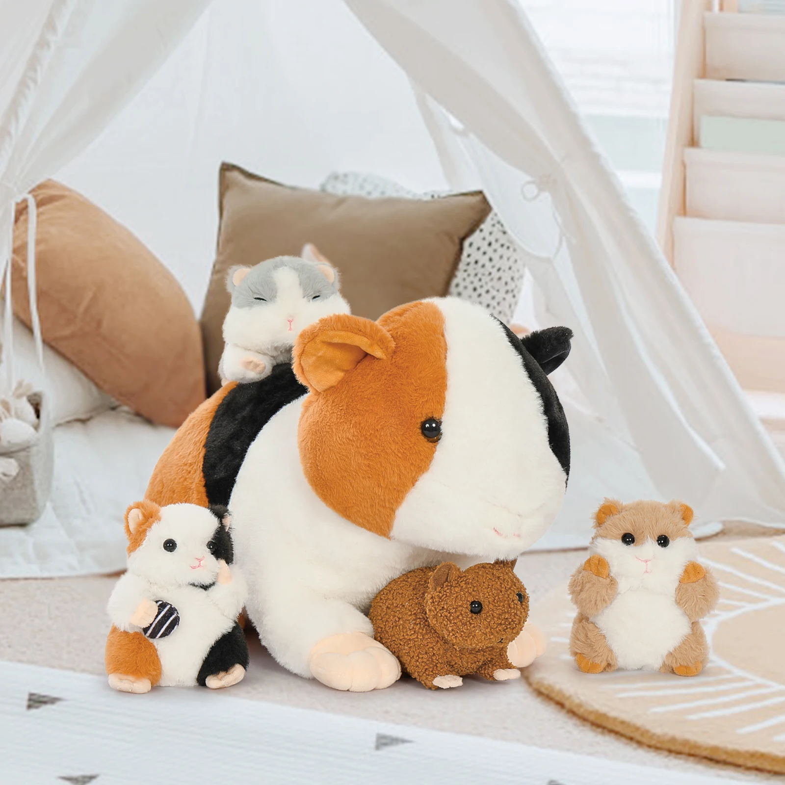 모리스모스 기니피그 테디와 새끼들이 안에 있는 실물 같은 햄스터 봉제 인형, 부드럽고 포근한 장난감, 귀여운 생일 선물