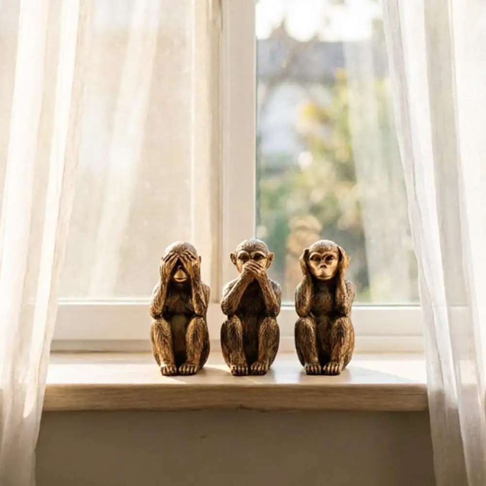 3 Wise Monkey Resin Sculpture Hear See Speak No Evil Spiritual Animal Figurine Decor for Meditation Space Office Shelf view 4