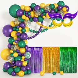Mardi Gras Balloon Garland Arch Kit with Fringe Table Skirt 128Pcs for Mardi Gras Fat Tuesday Carnival Birthday Party Decoration