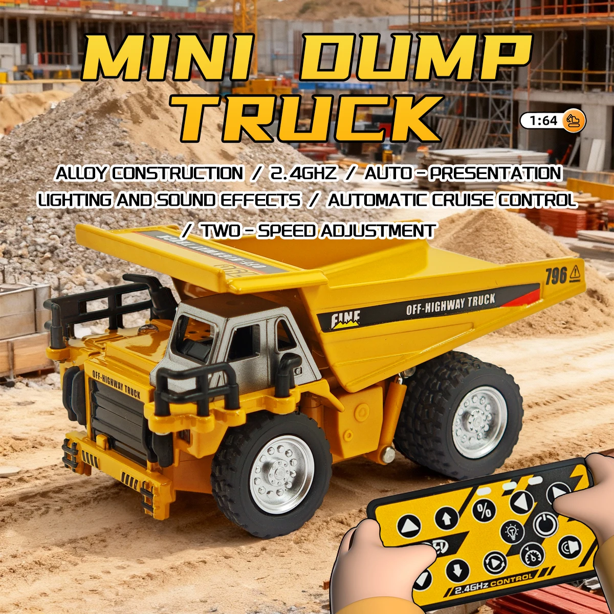 

1/64 RC Alloy Model Car Remote Control Dump Truck Toys RC Construction Toy Vehicles With Lights/Sounds, Birthday Gifts for Boys
