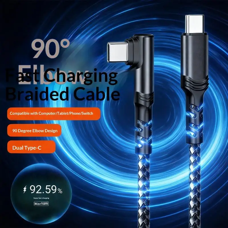 100W Fast Charging Right Angle Type-C Cable Bend Resistant Data Sync Cord for Home Office Car Multi Scenario