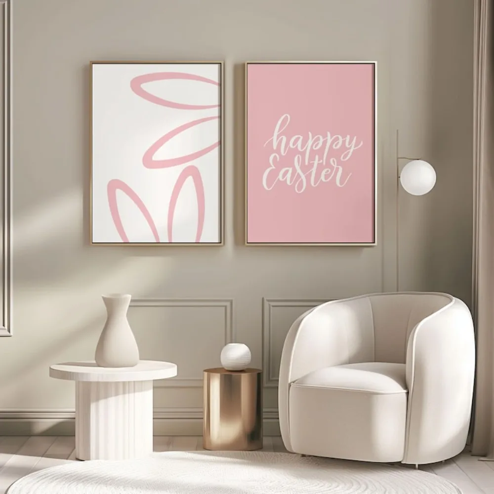 2pcs frameless Canvas Painting Frameless 2pcs Happy Easter Prints,Easter Bunny Ears Wall Art,Pink White Easter Printable,Minimal