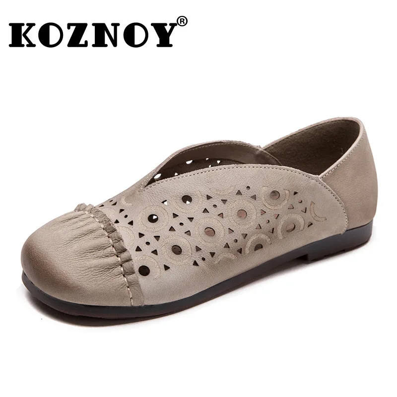 

Koznoy 1.5cm Genuine Leather Shallow Comfy Soft Soled Moccasins Summer Woman Ethnic Elegance Luxury Hollow Flats Ladies Shoes