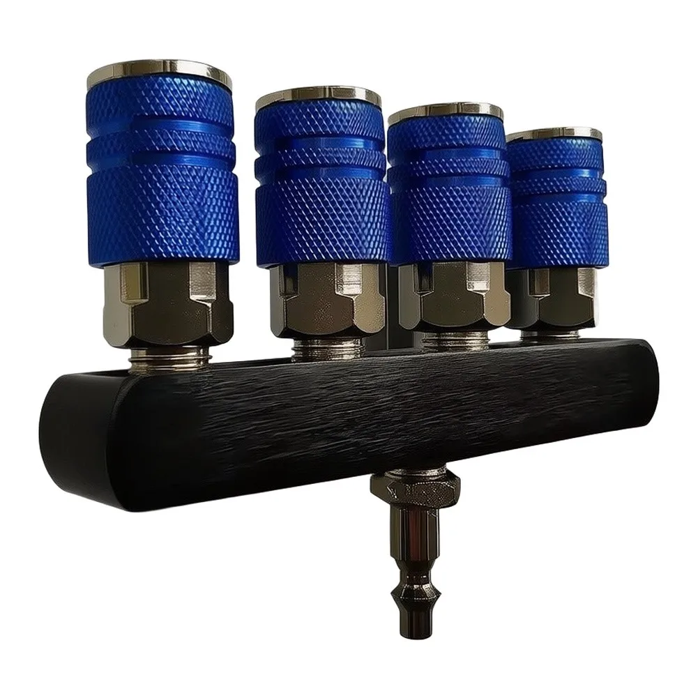 Aluminum 4 Way Straight Through Air Manifold 1/4in NPT Inlet and 4 Outlets for Multi Tool Operation Pneumatic Splitter
